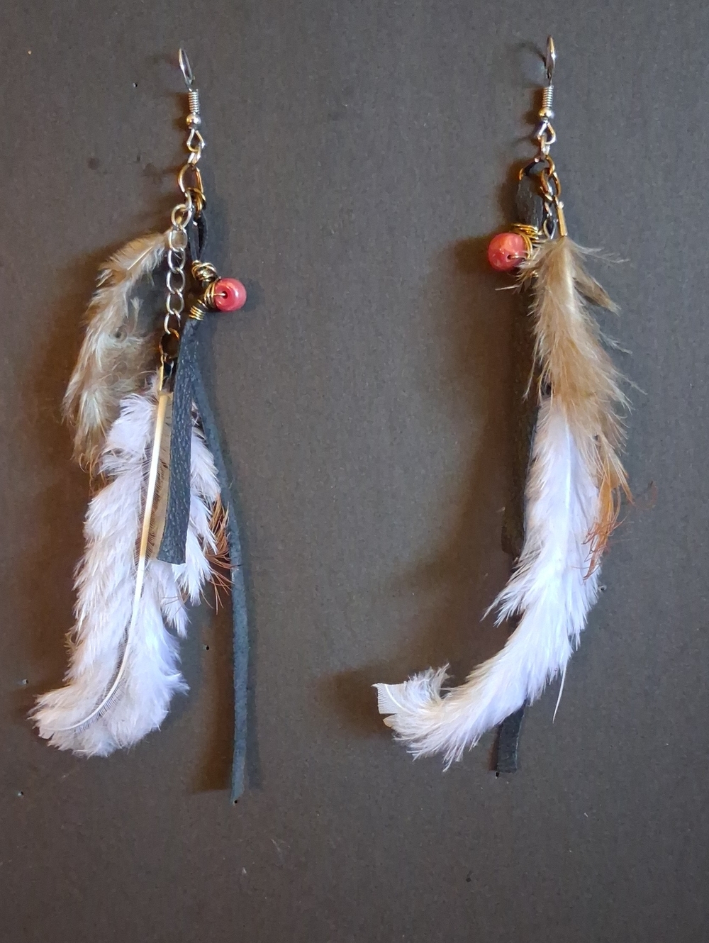 Boho Feather Drop Earrings with Coral Bead - By CSV